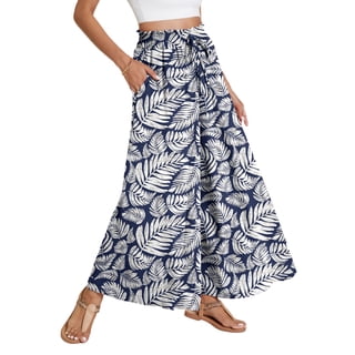 Airmenty Palazzo Pants For Women Casual Wide Leg Pants High Waist Pants Lounge Beach Trousers with Pocket Dark Blue Palm Leaf 1-Pack