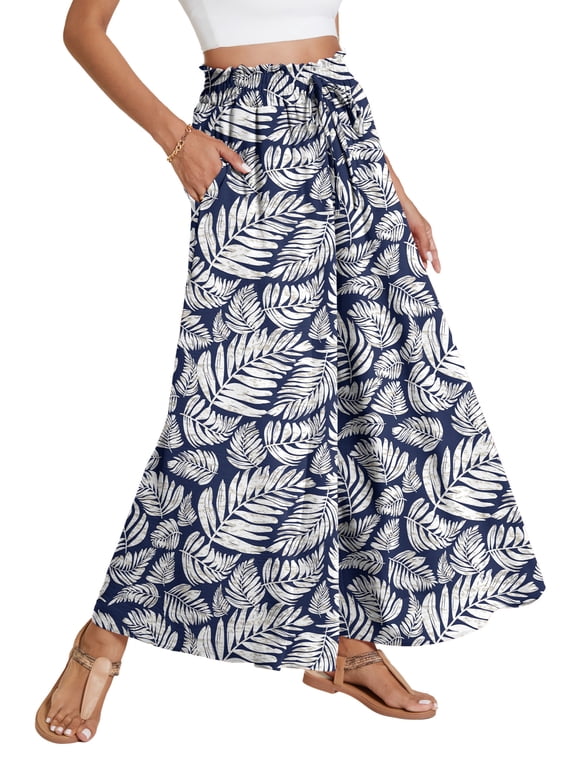 Palazzo Pants For Women Casual Wide Leg Pants High Waist Pants Lounge Beach Trousers with Pocket Dark Blue Palm Leaf 1-Pack