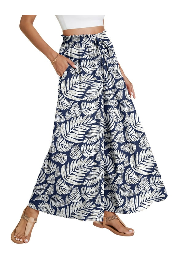Palazzo Pants For Women Casual Wide Leg Pants High Waist Pants Lounge Beach Trousers with Pocket Dark Blue Palm Leaf 1-Pack