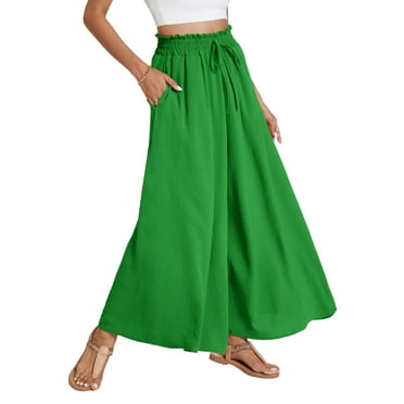 Airmenty Women Casual Wide Leg Pants High Waist Pants Long Palazzo Pants Lounge Beach Trousers with Pocket Green 1-Pack