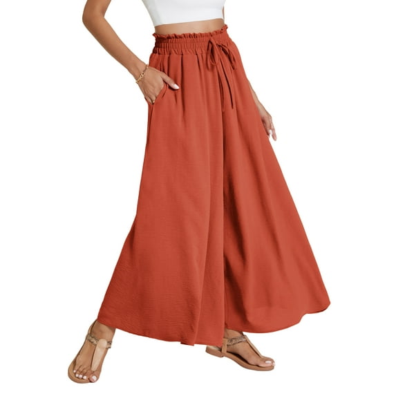 Airmenty Palazzo Pants For Women Casual Wide Leg Pants High Waist Pants Lounge Beach Trousers with Pocket Brick red 1-Pack