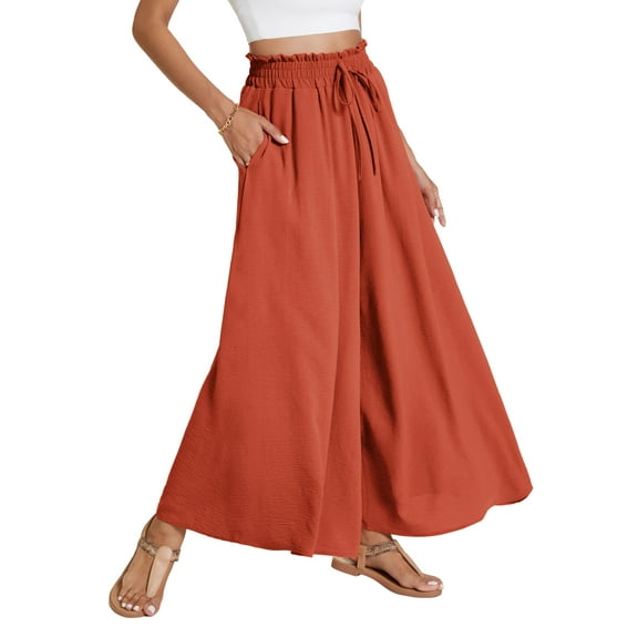 Airmenty Palazzo Pants For Women Casual Wide Leg Pants High Waist Pants Lounge Beach Trousers with Pocket Brick red 1-Pack