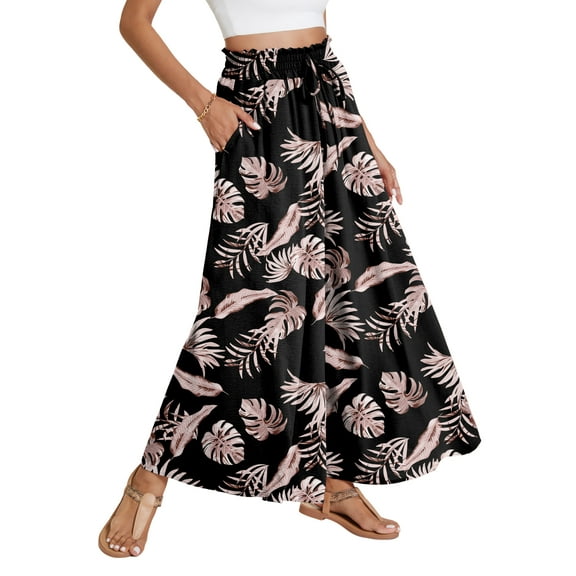 Airmenty Women Casual Wide Leg Pants High Waist Pants Long Palazzo Pants Lounge Beach Trousers with Pocket Black Palm Leaf 1-Pack