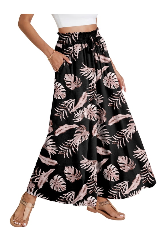 Women Casual Wide Leg Pants High Waist Pants Long Palazzo Pants Lounge Beach Trousers with Pocket Black Palm Leaf 1-Pack