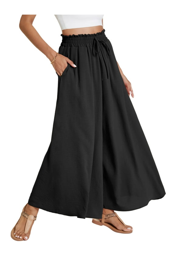 Palazzo Pants For Women Casual Wide Leg Pants High Waist Pants Lounge Beach Trousers with Pocket Black 1-Pack