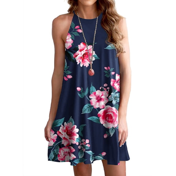 Airmenty Summer Dresses for Women Beach Floral Tshirt Sundress Sleeveless Casual Loose Tank Dress