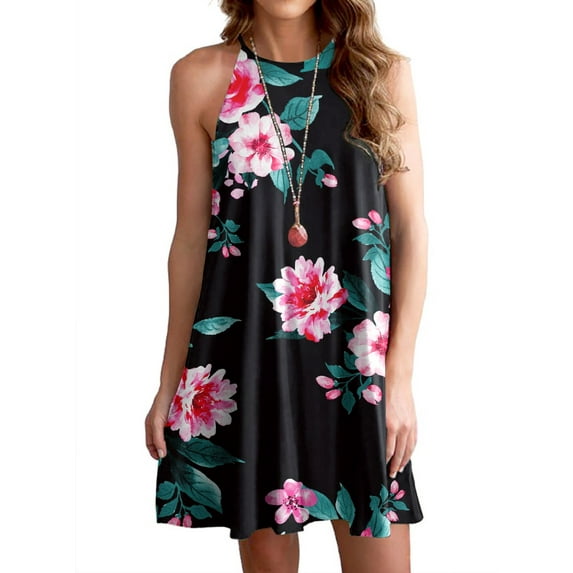 Airmenty Summer Dresses for Women Beach Floral Tshirt Sundress Sleeveless Casual Loose Tank Dress