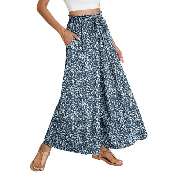 Airmenty Women Casual Wide Leg Pants High Waist Pants Long Palazzo Pants Lounge Beach Trousers with Pocket Navy Flower 1-Pack