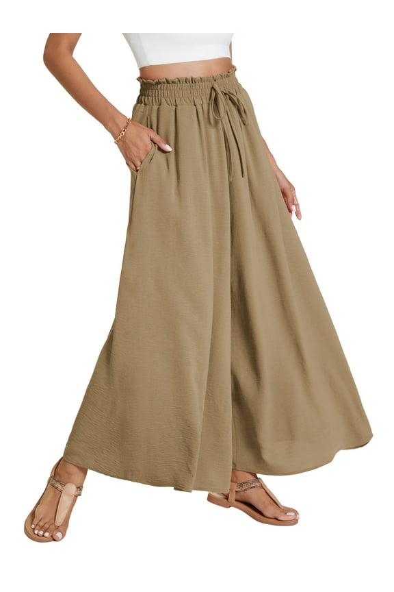 Women Casual Wide Leg Pants High Waist Pants Long Palazzo Pants Lounge Beach Trousers with Pocket Wheat 1-Pack