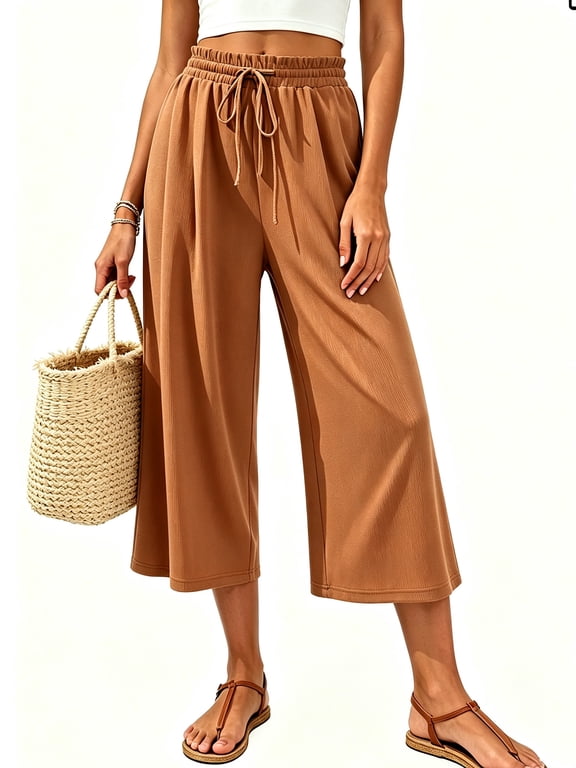 Women's Capri Pants Drawstring Casual Trousers Wide Leg Summer High Waisted Lounge Pants with Pockets S-2XL