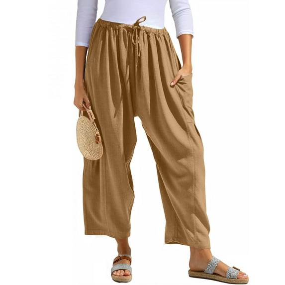 Airmenty Women Wide Leg Pants Summer Casual Low Waist Loose Drawstring Harem Pants Linen Beach Palazzo with Pockets