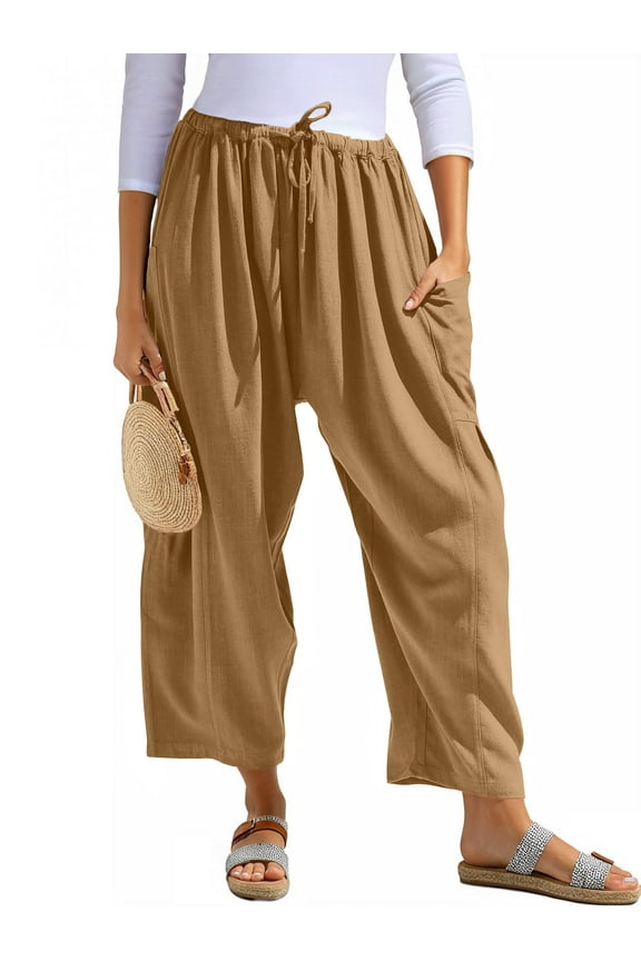 Women Wide Leg Pants Summer Casual Low Waist Loose Drawstring Harem Pants Linen Beach Palazzo with Pockets
