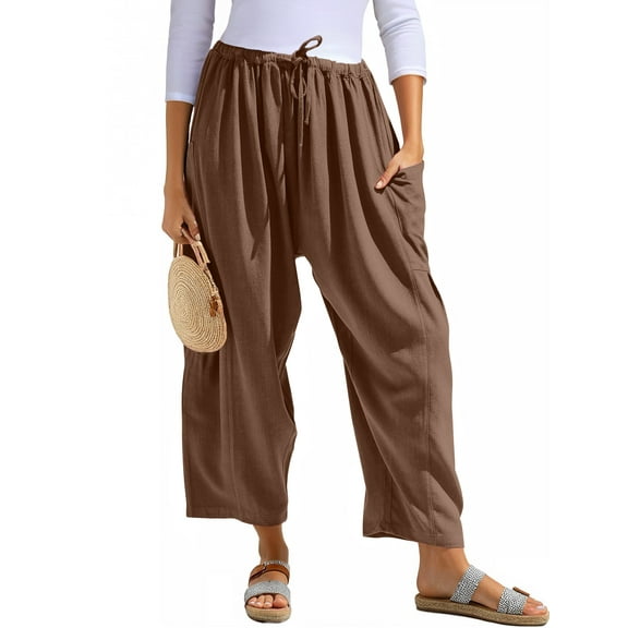 Airmenty Women Wide Leg Pants Summer Casual Low Waist Loose Drawstring Harem Pants Linen Beach Palazzo with Pockets