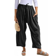 Airmenty Women Wide Leg Pants Summer Casual Low Waist Loose Drawstring Harem Pants Linen Beach Palazzo with Pockets