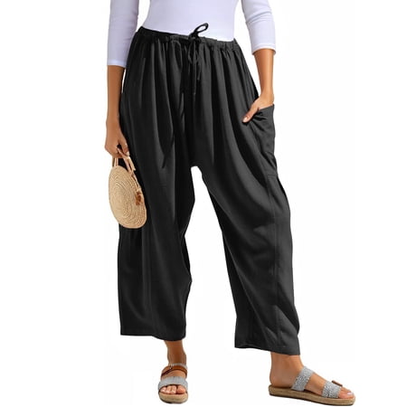 Airmenty Women Wide Leg Pants Summer Casual Low Waist Loose Drawstring Harem Pants Linen Beach Palazzo with Pockets