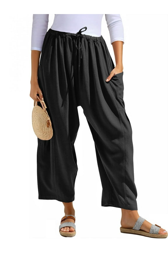 Women Wide Leg Pants Summer Casual Low Waist Loose Drawstring Harem Pants Linen Beach Palazzo with Pockets