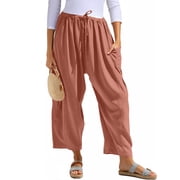 Airmenty Women Wide Leg Pants Summer Casual Low Waist Loose Drawstring Harem Pants Linen Beach Palazzo with Pockets
