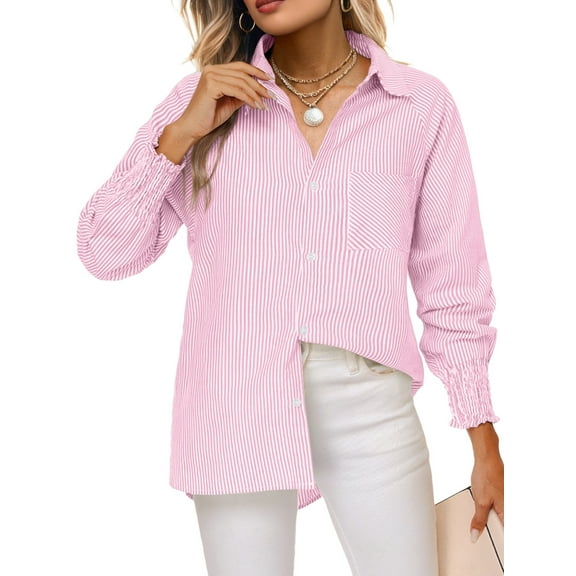 Airmenty Women's Button Down Shirts Long Sleeve Smocked Cuffed Striped Work Blouses Tops with Pocket Shirred