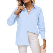 Airmenty Womens Button Down Shirts Long Sleeve Smocked Cuffed Striped Work Blouses Tops with Pocket Shirred