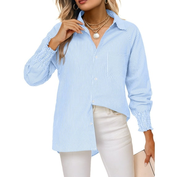 Airmenty Women's Button Down Shirts Long Sleeve Smocked Cuffed Striped Work Blouses Tops with Pocket Shirred