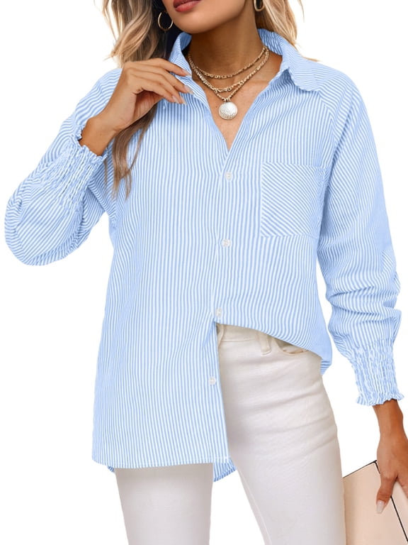Women's Button Down Shirts Long Sleeve Smocked Cuffed Striped Work Blouses Tops with Pocket Shirred