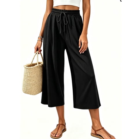 Women's Capri Pants Drawstring Casual Trousers Wide Leg Summer High Waisted Lounge Pants with Pockets S-2XL