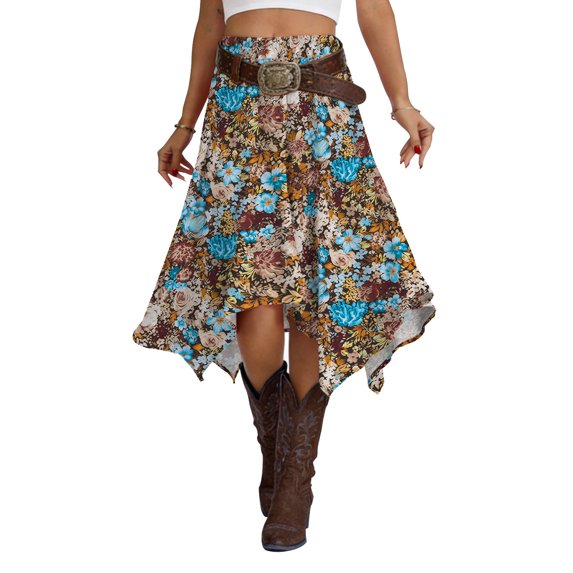 Airmenty Women's Skirt Summer Boho Skirt Long Maxi Skirt Elastic High Waist Beach Skirt Asymmetrical Country Cowgirl Skirts