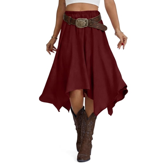 Airmenty Women's Skirt Summer Boho Skirt Long Maxi Skirt Elastic High Waist Beach Skirt Asymmetrical Country Cowgirl Skirts