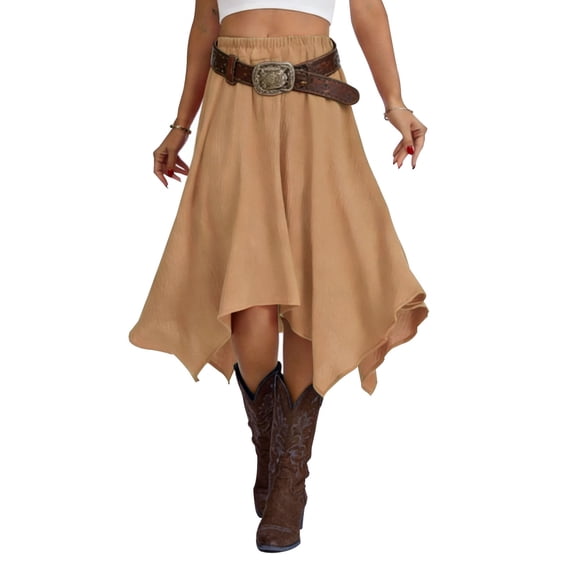 Airmenty Women's Skirt Summer Boho Skirt Long Maxi Skirt Elastic High Waist Beach Skirt Asymmetrical Country Cowgirl Skirts