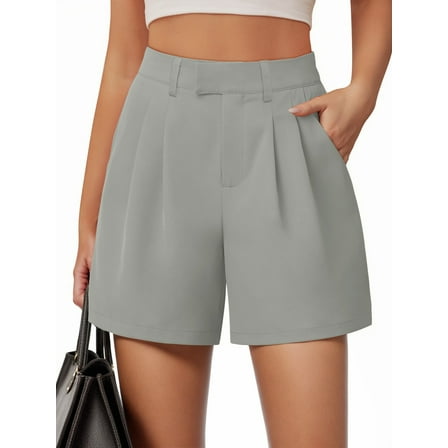 Airmenty Women's Summer Dressy Casual Elastic Waist Wide Leg Suit Tailored Shorts Comfy Elagant Work Trouser Shorts with Pocketsts