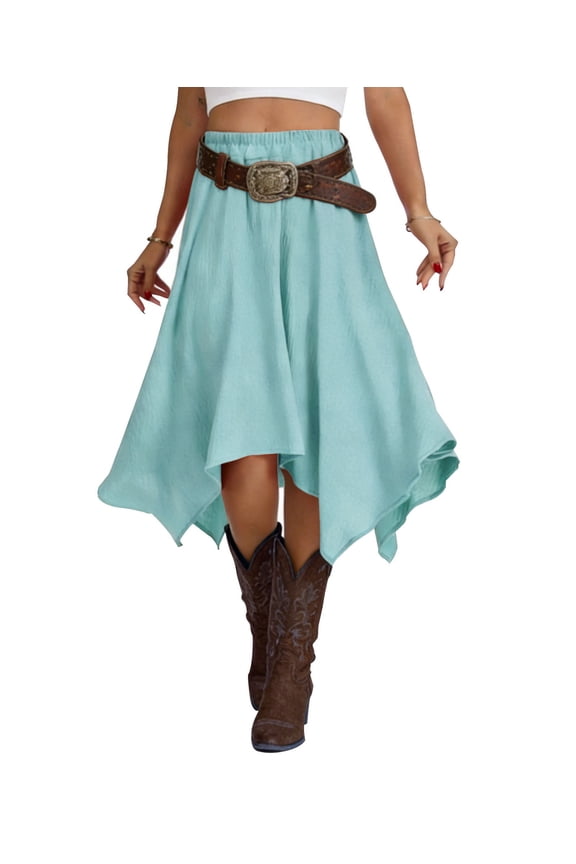 Women's Skirt Summer Boho Skirt Long Maxi Skirt Elastic High Waist Beach Skirt Asymmetrical Country Cowgirl Skirts