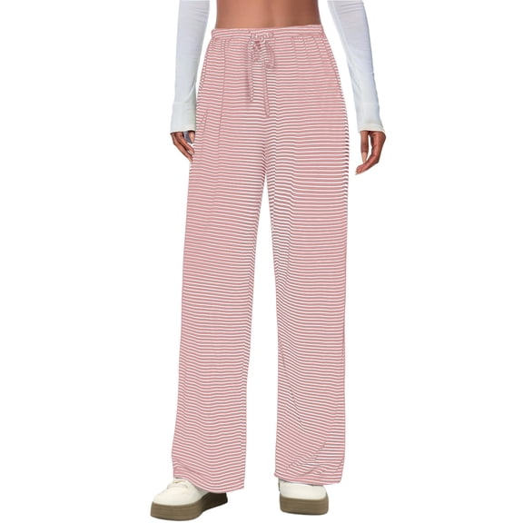 Airmenty Women's Pants Wide Leg Striped Pants Casual Pants Drawstring Elastic Low Rise Lounge Wear Trousers Pants