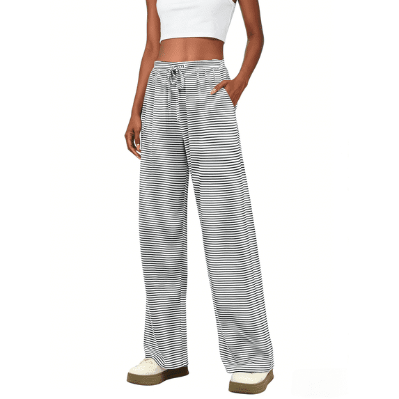 Airmenty Women's Casual Wide Leg Pants High Waisted Drawstring Loose Fit Summer Trousers with Pockets