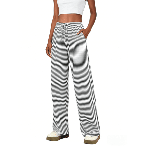 Airmenty Women's Casual Wide Leg Pants High Waisted Drawstring Loose Fit Summer Trousers with Pockets