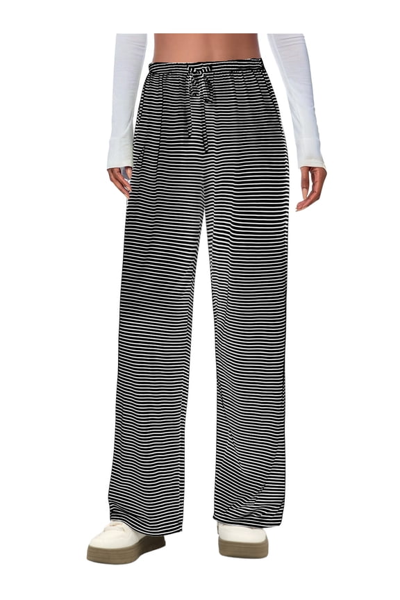 Women's Pants Wide Leg Striped Pants Casual Pants Drawstring Elastic Low Rise Lounge Wear Trousers Pants