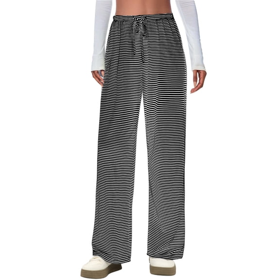 Airmenty Women's Pants Wide Leg Striped Pants Casual Pants Drawstring Elastic Low Rise Lounge Wear Trousers Pants