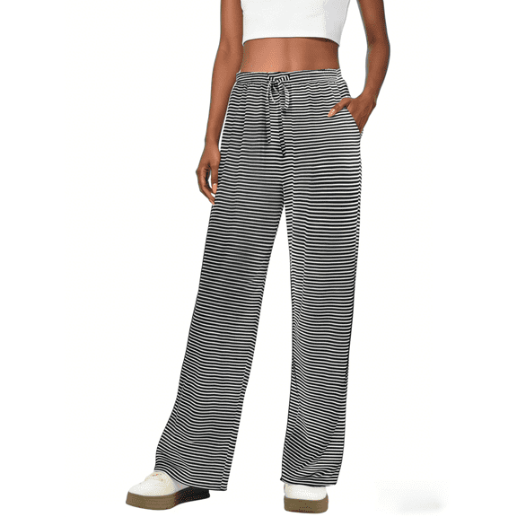 Airmenty Women's Casual Wide Leg Pants High Waisted Drawstring Loose Fit Summer Trousers with Pockets