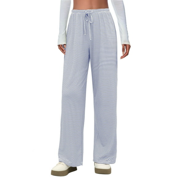 Airmenty Women's Pants Wide Leg Striped Pants Casual Pants Drawstring Elastic Low Rise Lounge Wear Trousers Pants