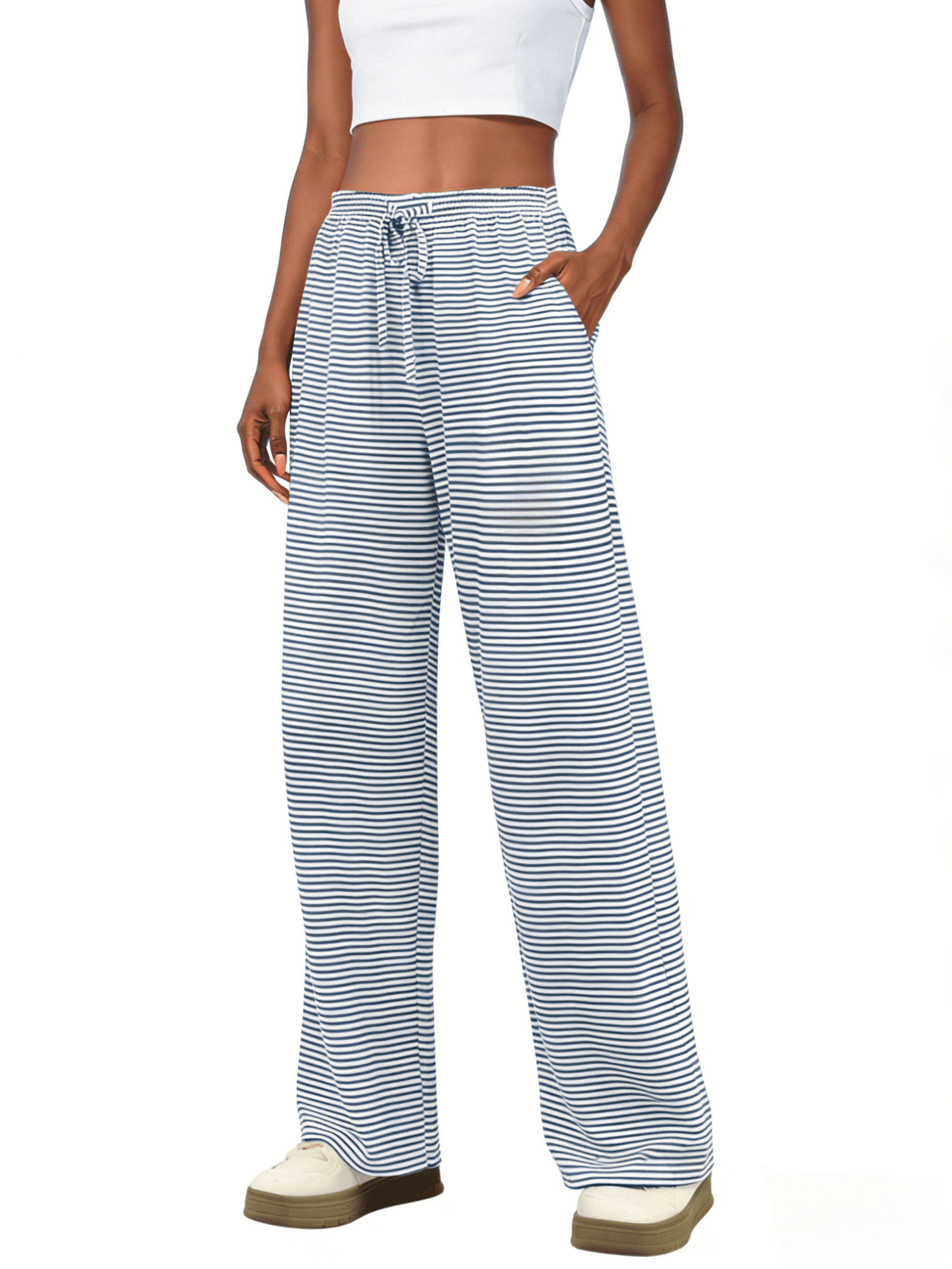 Women's Casual Wide Leg Pants High Waisted Drawstring Loose Fit Summer Trousers with Pockets