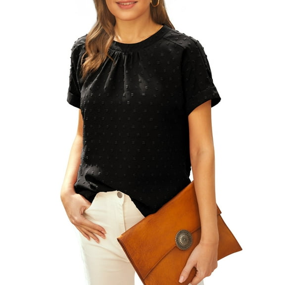 Airmenty Women's Work Tops Business Casual Round Neck Short Sleeve Swiss Dots Blouses Shirts