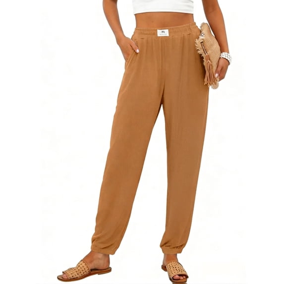 Airmenty Womens Casual Pants with Elastic Ankle Cuffs Tapered Lounge Pants Drawstring Elastic Waist Pants with Pockets