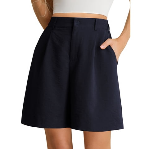 Airmenty Bermuda Shorts for Women Dressy Casual Elastic High Waisted Wide Leg Shorts for Summer with Pockets S-2XL