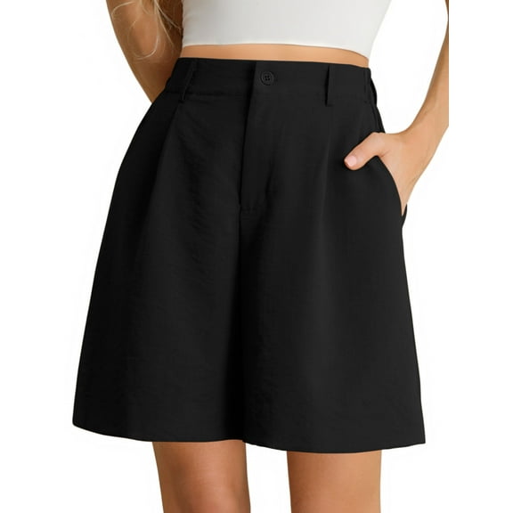 Airmenty Womens Shorts High Waist Shorts for women Zippered Wide Leg Shorts with Pockets