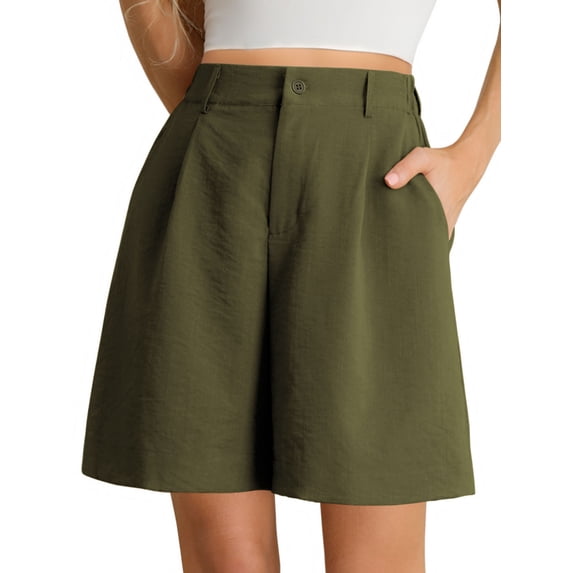 Airmenty Bermuda Shorts for Women Dressy Casual Elastic High Waisted Wide Leg Shorts for Summer with Pockets S-2XL