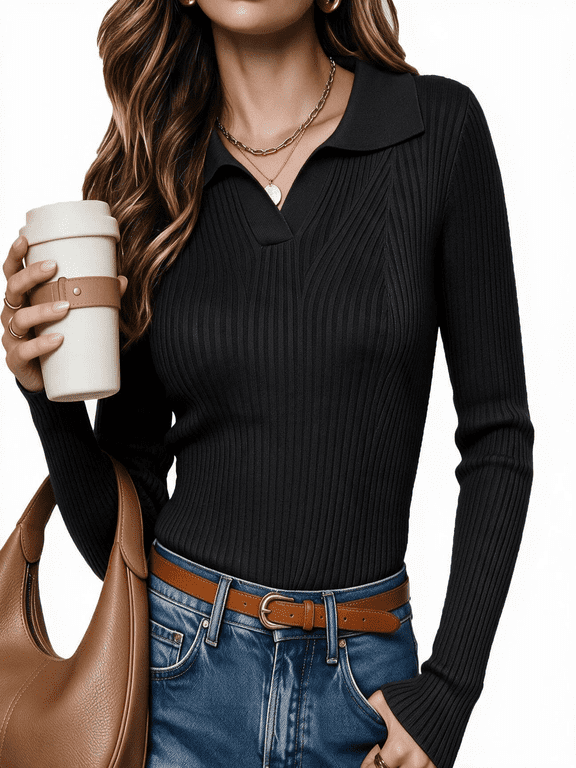 Womens Polo Shirts Long Sleeve Collared Sweater V Neck Ribbed Knit Sweater Business Casual Pullover Sweaters Fall Outfits S-2XL