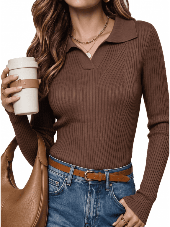 Womens Polo Shirts Long Sleeve Collared Sweater V Neck Ribbed Knit Sweater Business Casual Pullover Sweaters Fall Outfits S-2XL