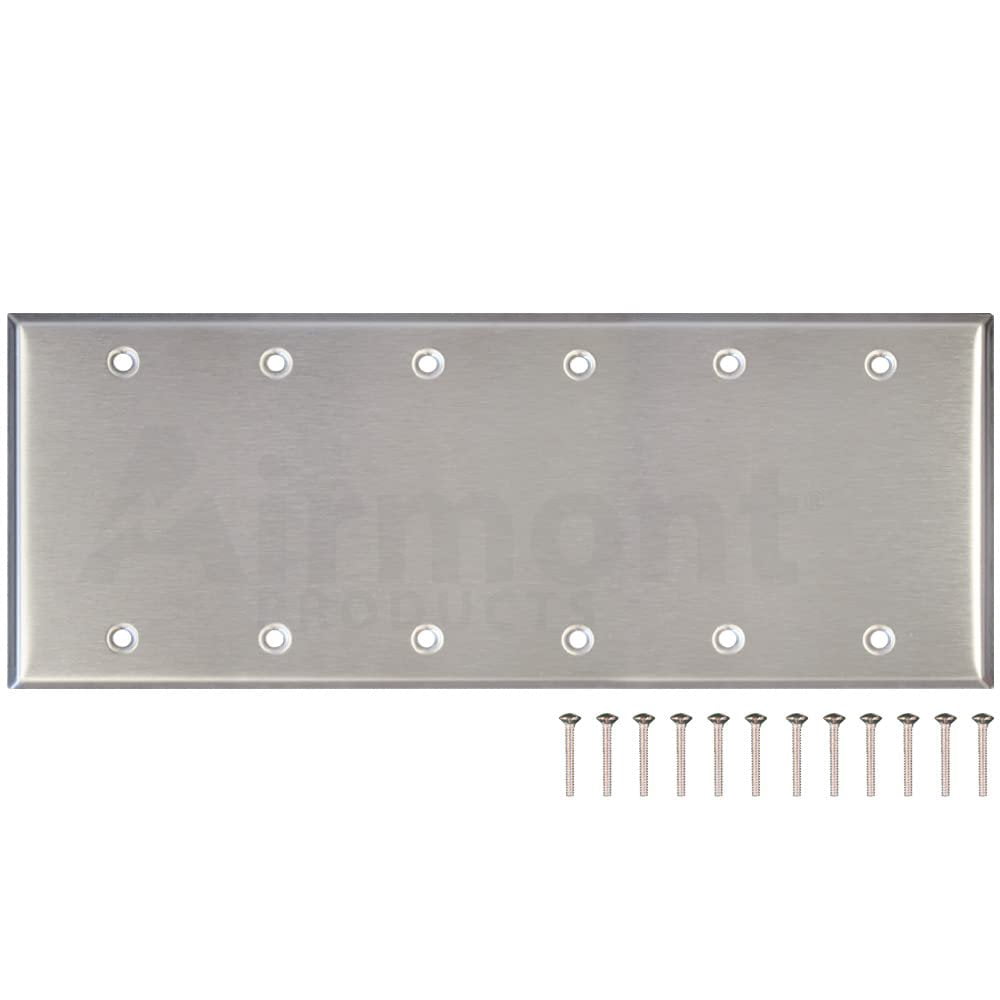 Airmont Products Stainless Steel Blank Wall Plates, 6 Gang Standard Size 4.50'' x 11.75'' Corrosion and Heat Resistant, Silver Metal, Cover Unused Electrical Sockets or Switch Holes