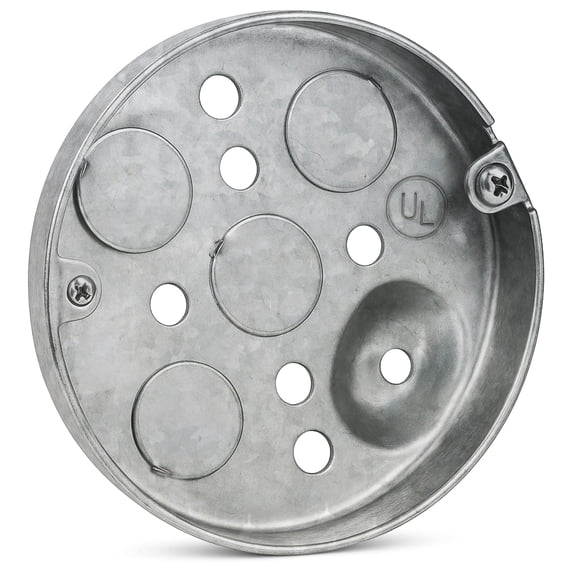 Airmont Products UL Listed 4-Inch Round Shallow Electrical Box  1/2-Inch Deep Metal Ceiling Pancake Junction Box for Outlets, Ceiling Lights, Fixtures & Wiring, 6 Cu. In. Capacity
