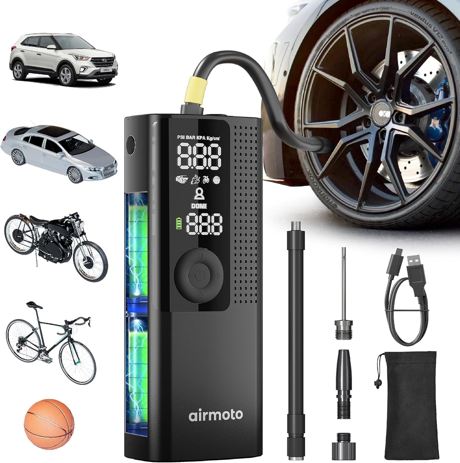 Airmoto Tire Inflator Portable Air Compressor - Air Pump for Car Tires with Tire Pressure Gauge