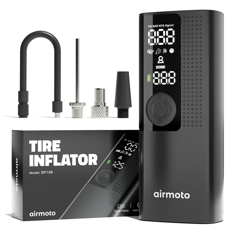 Airmoto Tire Inflator Portable Air Compressor - Air Pump for Car Tires with Tire  Pressure Gauge (120 PSI) - One Click Smart Pump Tire Inflator for Car,  Motorcycle, Bicycle and More 